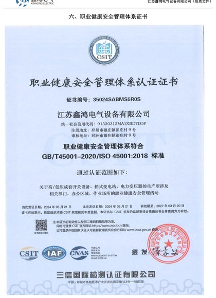 职业健康安全管理体系认证证书 ISO 45001